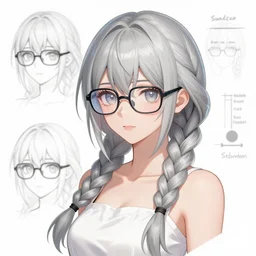 advanced digital anime character-design reference sheet:: Girl with long braided silver hair and spectacle glasses wearing a black high school outfit and red skirt holding 5 feet scythe by Mike Inel
