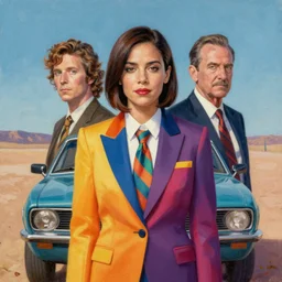 portrait of kim wexler ( rhea seehorn ) and saul goodman ( bob odenkirk ) from better call saul. colourful suit, garish tie. car in the desert. oil painting elegant, highly detailed, centered, digital painting, artstation, concept art, hyperrealistic, smooth, sharp focus, illustration, artgerm, tomasz alen kopera, peter mohrbacher, donato giancola, joseph christian leyendecker, ilya repin, norman rockwell