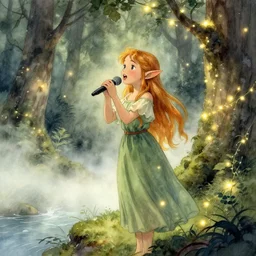 young elf girl singing in the forest with fairy lights, light ground fog, river, detailed fantasy watercolor comic style, subtle colors, by alan lee and tony sart