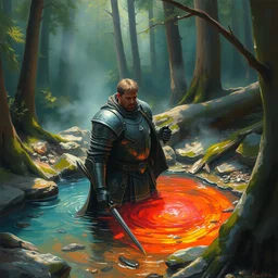 an armored man finding a colorful hotspring deep in the forest, oil painting, highly detailed, medieval fantasy, featured on artstation