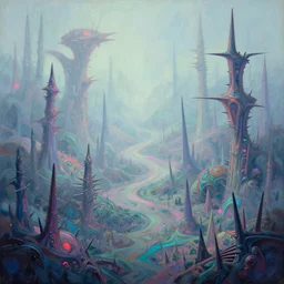 pleasing misty neonbarf palette. intricate sharp spikes riddle this puzzling landscape, it's too detailed. rhythmically complex wonderland matte painting from painterly fantasia ( 1 9 4 1 )