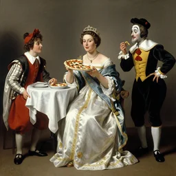 historical photo of queen margherita ( savoy ) sharing a pizza! margherita with pulcinella of naples, full body, portrait photo, diffuse light, acclaimed masterpiece