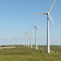 A long line of wind turbines from the foreground into the background and horizon, on a grassy hill on the countryside, mid-day, blue sky with minimal clouds, realistic, 4k resolution, 8k resolution, HD Quality, highly detailed, very detailed, detailed, digital art, trending on artstation, in the style of Sylvain Chomet, in the style of Jamie Hewlett