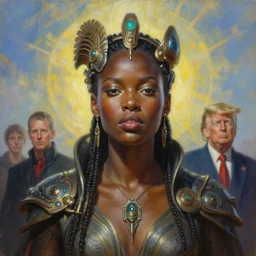 portrait oil painting with pretty african goddess, perfect expression, subconscious connects, purified consciousness, riddick, farscape, emperier god king donald j trump, fantasy character portrait, ultra realistic, wide angle, intricate details, mass effect, artifacts, luminous skies, highly detailed, michael cheval, peter mohrbacher, boris vallejo, jessica rossier, oil painting, highly detailed, cinematic lighting, unreal, natural tpose