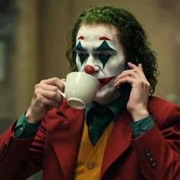 joker drinking a cup of tea and talking on the phone, cinematic