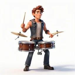 dashing drummer with sticks, detailed 3d character render, full body, standing, isolated on a pure white background, centered, whole figure in frame, sharp focus, studio lighting