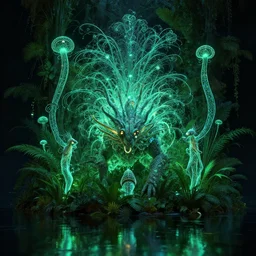 creature in a lush trunda vegetation, water reflection, night, backlit, bioluminescent bioluminescent bioluminescent : : by michal karcz, daniel merriam, victo ngai and guillermo del toro : : ornate, dynamic, particulate, intricate, elegant, highly detailed, centered, artstation, smooth, sharp focus, octane render, 3 d