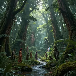 Loving romantic drawing of a deep rain forest, light rays from the tree tops, small river on the ground, many avatars, hypermaximalistic, high details, cinematic, 8k resolution, beautiful detailed, insanely intricate details, artstation trending, octane render, unreal engine