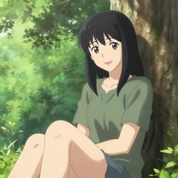 photorealistic Saul Goodman meets a beautiful smiling anime girl with black hair and hime cut sitting under a tree, anime key visual, digital art, anime screenshot, kyoto animation, makoto shinkai, trending on artstation
