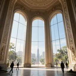 the inside of a monument with italian motifs, by tim blandin and arthur haas and bruce pennington and john schoenherr, big windows architecture by zaha hadid, octane render, cinematic, scenery, cgsociety, modernism, futuristic, trending on artstation, sci - fi, high detail, high quality, close up angle, people walking