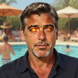 portrait of george clooney, fire in eye, snow glow, pool party, highly detailed, digital painting, artstation, sharp focus, illustration, art by tan zi and ayanamikodon and alphonse mucha and wlop