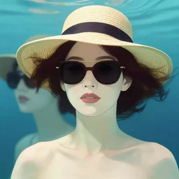 women portrait, hat on top of head, wearing sunglasses, under water, 8 k, art station, greg rutkowski, alphonse mucha, roger deakins, wlop
