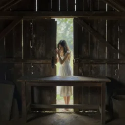 the inside of a dark barn ; a faint ray of light is shining through a crack in the planks. subject : a young woman ; dark hair ; wearing a white dress. action : the woman is hiding behind a workbench. art by wlop.