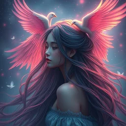 beautiful girl long hair, hair entwined, wings of birds from the head, wallpaper, poster, portrait, digital cgi rtx hdr painting bioluminance alena aenami artworks in 8 k, by james jean zhu and loish beeple, by thomas kinkade 2 2 2 2