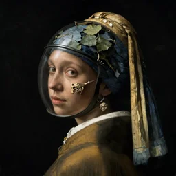 a woman's face in profile, wearing a glass helmet filled with skeletonized leaves and a cloak, in the style of the dutch masters and gregory crewdson, dark and moody