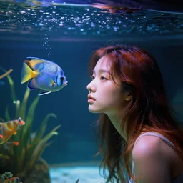 girl in a aquarium as a tropical fish, surreal photography by Man Ray