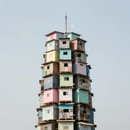 a tower made up of makeshift squatter shacks with pastel colours, mamiya, 8 5 mm, f 1. 7, fully frontal view, uniform plain sky, light leaks, fine details, digital glitches, photographed by julie blackmon