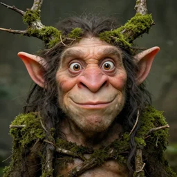 a friendly goblin elf troll with a big ( ( human ) ) nose and wide eyes, dark hairs, big ears, covered in branches and moss, portrait by christophe young and dave dorman and simon bisley