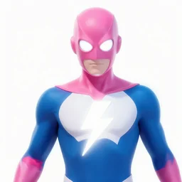 a superhero with white eyes and a pink and blue suit with a whites lightening bolt on his chest. shoots pure energy from his head. marvel universe. great hair. muscled body. lightning logo on chest. well proportioned. athletic. cinematic. 4 k. very exciting. beautiful hyper - realistic painting. concept art. oil painting. artstation