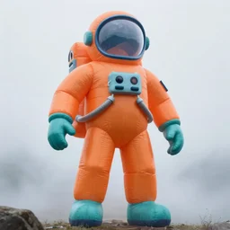 an tall giant inflatable astronaut in an orange and teal suit, stood in mist. highly detailed
