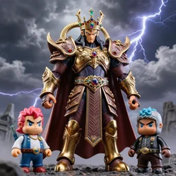 hyperrealistic rendering, epic ornate supreme demon overlord, jewel crown, war armor battle, by art of skinner and richard corben, product photography, collectible action figure, sofubi, hottoys, storm clouds, outside, lightning