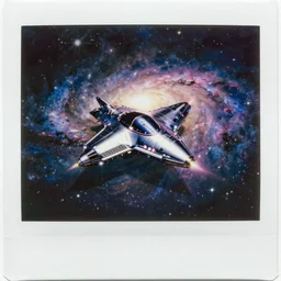 analog polaroid of a chrome spaceship in a colourful galaxy