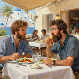 two bearded friends having a lunch in a beautiful greek restaurant, finely detailed perfect art, painted by greg rutkowski mengo yokoyari, james jean, artstation, ambient occlusion, beautiful lighting