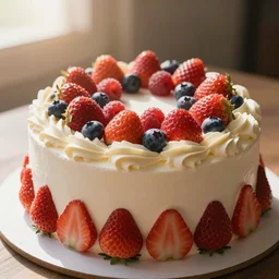 A photo of a cake from the side with cream on the sides and strawberries, raspberries and blueberries in circles on top. Sun in back. 4K. Cinematic lighting. High detail. Realistic. Delicious