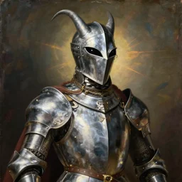 a realistic painting by Raffaello Sanzi depicting the knight in shining armor with the head of The Skrull in the Renaissance.