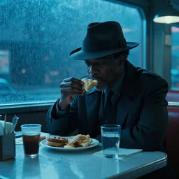 movie scene of an old black detective wearing a fedora hat eating breakfast alone in a diner. cool blue lighting, moody vibe, rainy day, dark knight ( 2 0 0 8 ) set in 1 9 8 2. light haze. cadillac. cinemascope. scorcese. david fincher se 7 en. fred herzog