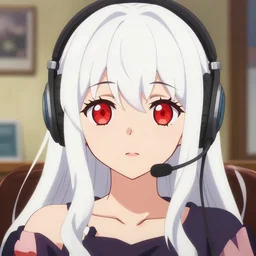 anime visual of a cute girl, with + ( ( red eyes ) ) + long white hair + ( ( wearing a headset in her room interior ) ), poster by anime cels, ilya kuvshinov, kyoani, yoshinari yoh, detailed face features