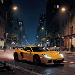 a sport car in a dense city at night, some street lights, art by ismail inceoglu, filip hodas, and no man sky.