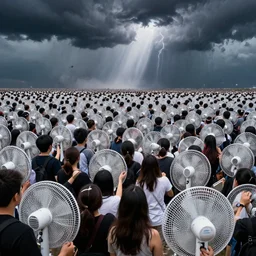 an infinite crowd of electric fans with thunder in the background