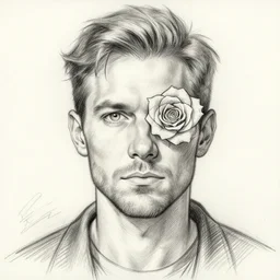 A drawing of a man in his mid-30's with his right eye replaced with a white rose, drawn, sketch, dungeons and dragons