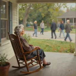 paint surrealism of an elderly woman sitting on her front porch in a rocking chair as she watches the, people go by artstation