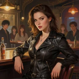 highly detailed painting of a beautiful female wearing a skintight leather jacket in a bar, stephen bliss, 8 k, unreal engine, by greg rutkowski, loish, rhads, ferdinand knab, makoto shinkai and lois van baarle, ilya kuvshinov, rossdraws, tom bagshaw, global illumination, radiant light, detailed and intricate environment