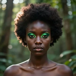 beautiful african portrait, ( ( head shot ) ), sharp focus, neo classic, bloom, movie still, sony, symmetrial, makeup, sephora, loreal, green highlights, lens flare, afro - futurism, studio light, octane render, national geographic, art by karol bak, maybelline, model, forest, traditional, vsco, bokeh, 8 k