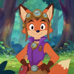 don bluth, loish, artgerm, steampunk, clockpunk anthropomorphic fox girl, purple vest, smiling, symmetrical eyes symmetrical face, colorful animation forest background