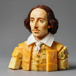 sculpture of william shakespear made from fruit pieces