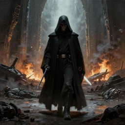 a painting of a cinematic keyframe of a star wars mysterious dark sith walking into the remains of a citadel, dead soldiers laying in the ground, remains of starships with fire and smoke by greg rutkowski, rule of thirds, golden ratio, ambient lighting, wlop, artgerm, artstation, highly detailed masterpiece, dark fantasy art, high detail, trending on artstation
