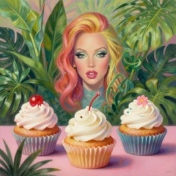 a painting of tropical plants and reversed cupcakes by lisa frank, behance, airbrush art, digital painting