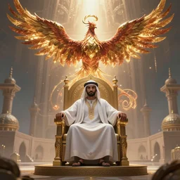 arabian hassan as - sabbah on throne chair rising as a phenix + epic wide scene, cinematic lighting, artgerm, artstation, deviantart, 8 k, high detailed
