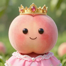 a peach fruit wearing a crown and a pink dress.