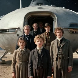 sharp, film still from a sci fi blockbuster movie made in 2022, set in 1860, of a family leaving a spaceship, that has just landed on an alien planet, wearing 1850s era clothes, good lighting, 4k, HD, in focus faces, detailed faces, oscar winner, high quality photography, 35mm macro lens