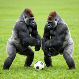 gorillas playing a soccer game, vivid
