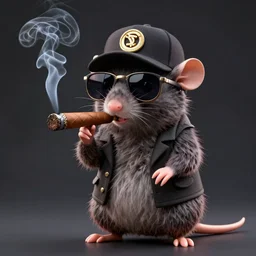 anthropomorphic gangster rat, smoking a cigar, wearing sunglasses and a cap, long fur, anthropomorphic rat, detailed, 3d render, 4k, pixar