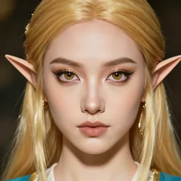fantasy woman with two soft warm identical symmetrical eyes, blonde, face like zelda botw, hoop earrings, silk, androgynous, fashion modeling victoria