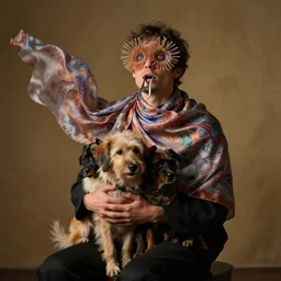 a man consumed by a bouquet of dogs, he sits under a warm unseen light source and is wearing a flowing fractal silk scarf which is fluttering. his eyes are replaced by sea anemones and his mouth is held open with a speculum.