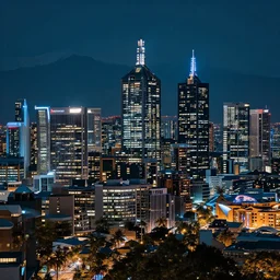 a beautiful futuristic city skyline at night with mountains in the background, melbourne, scifi, cyberpunk