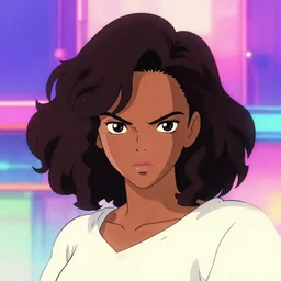 key anime visual sketch of a stern and serious young african american woman with wavy beautiful anime hairstyle, concept modern anime art, studio ghibli ; vaporwave background